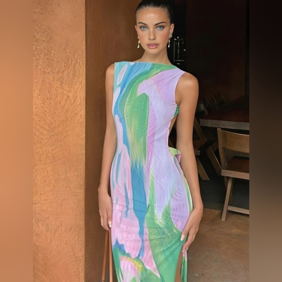 NWT. COMMENSE Monet Garden Print Sleeveless Long Dress. Size L. - Picture 2 of 6